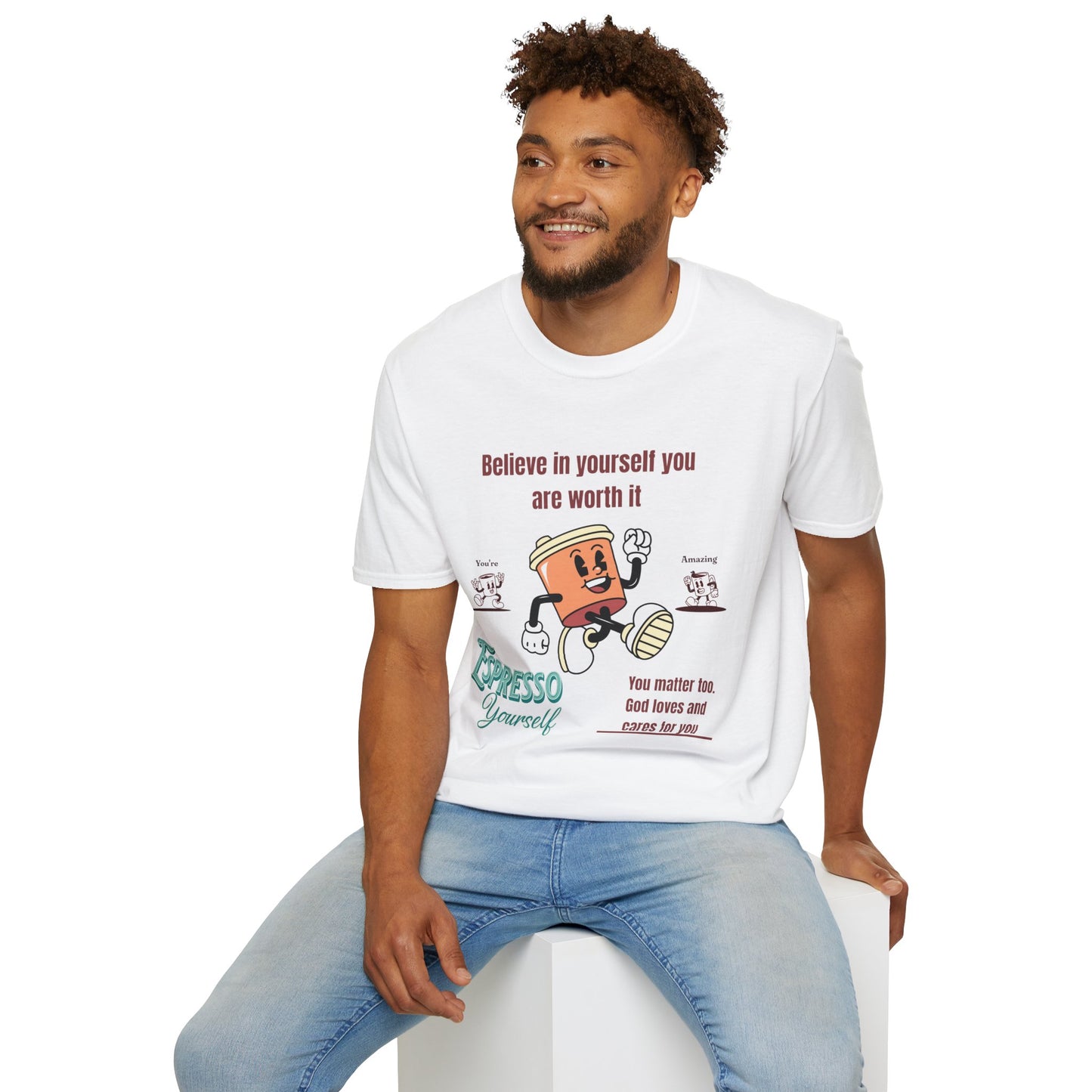 Sip and Style Tee, Unisex Softstyle T-Shirt, Positivity Shirt, Coffee Lover Gift, Inspirational Apparel